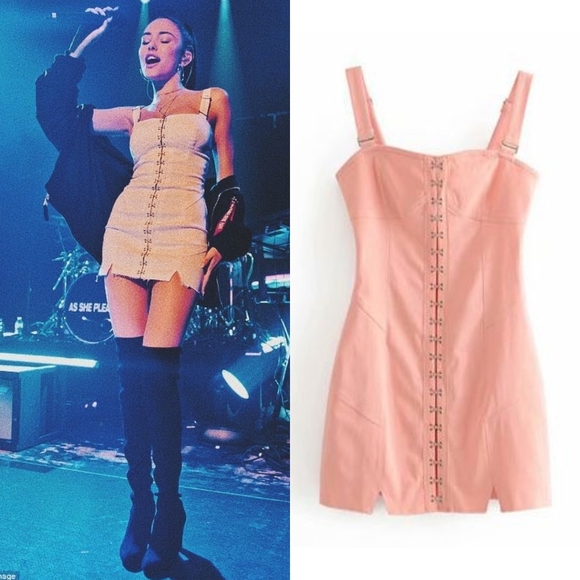 For Love And Lemons Peach Monika Hook-Front Denim Dress - Picture 1 of 8